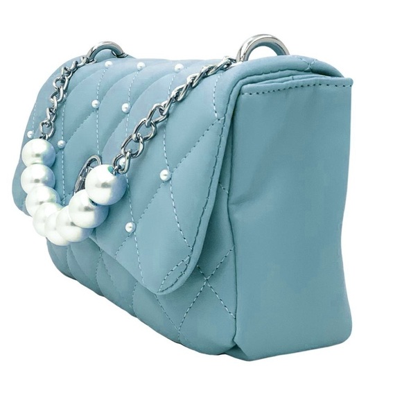 NWT Badgley Mischka‎ Baby Blue Crossbody Purse w/Metal and Pearl Strap - Picture 3 of 8